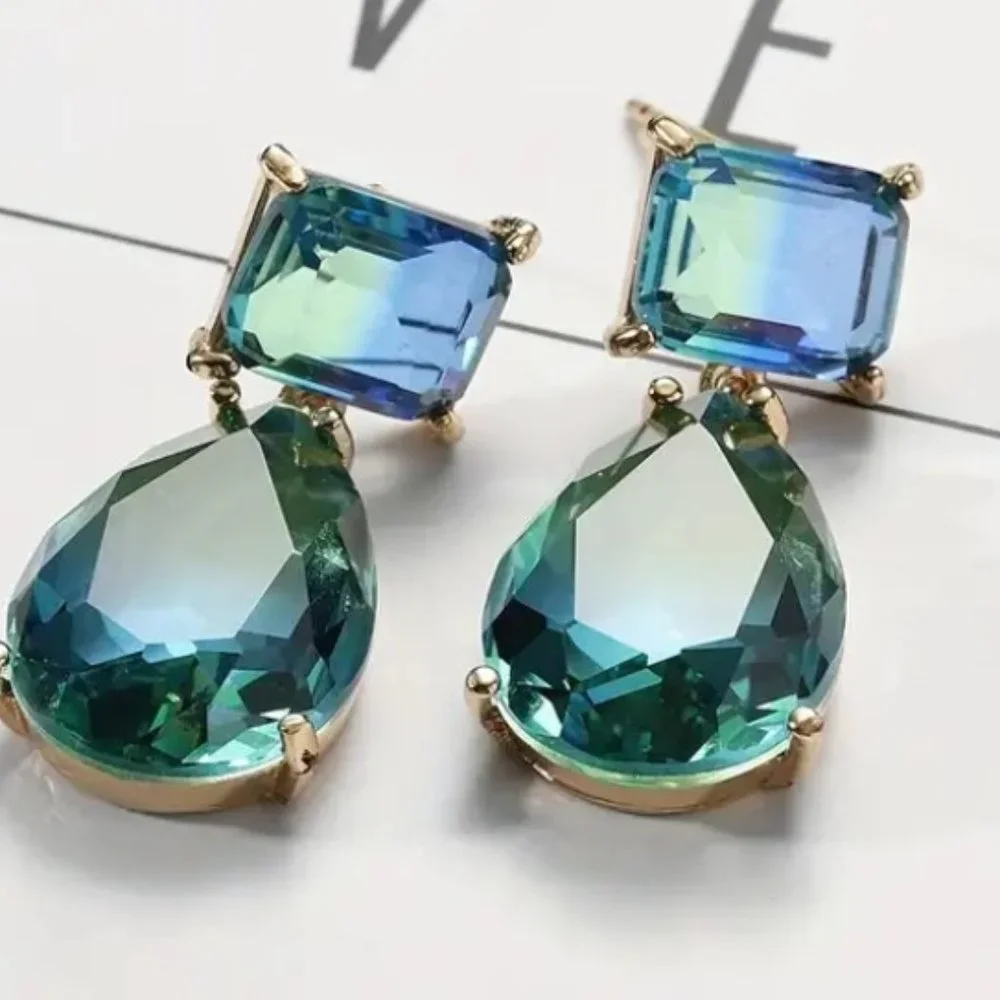Green Blue Gradient Crystal Waterdrop Dangle Earrings Elegant Statement Jewelry - Picture 9 of 11